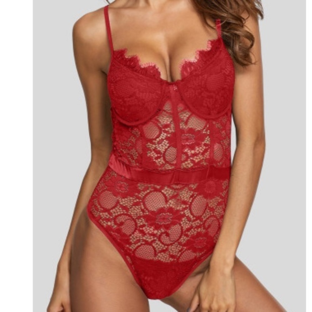 Red lingerie teddy negligee bodysuit Lace underwire New